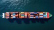 Aerial top view container ship full load container for logistics import export, shipping or transportation concept background.