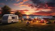 Camping caravans and cars parked on a grassy campground under beautiful sunset