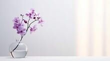 Sprig Of Purple Orchid In Transparent Vase On White Background With Bright Lighting, Copy Space, Horizontal Photo. Flower Silhouette And Blurred Shadow Mesh On Wall. Orchidaceae, Minimalist Aesthetic.