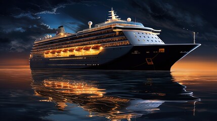 Sticker - A great cruise liner at night and a reflection of light in the sea water