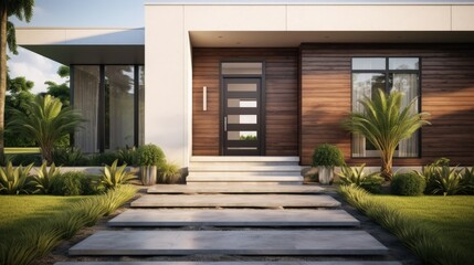 Aufkleber - New house with wooden door entrance and empty concrete walkway. 3d rendering of green grass lawn in modern home.