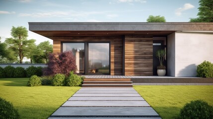 Aufkleber - New house with wooden door entrance and empty concrete walkway. 3d rendering of green grass lawn in modern home.