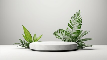 Leinwandbilder - Product display podium with nature leaves on white background. 3D rendering