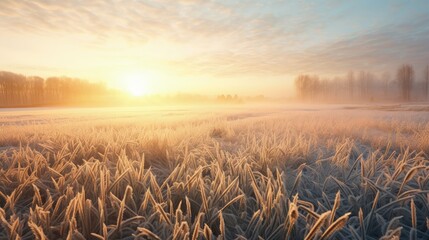 Fototapete - Field with winter wheat crops, leaves of germinating grain covered with morning frost. Sunrise early in the morning on the farm field.