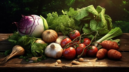 Wall Mural - Vegetables on wood. Bio Healthy food, herbs and spices. Organic vegetables on wood