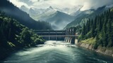 Fototapeta  - Hydroelectric power dam on a river and dark forest in beautiful mountains