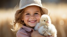 Little Girl With Chicken At Farm.