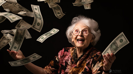 Wall Mural - Senior woman stands under money fly rain.