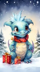 Wall Mural - Cute friendly smiling  Christmas dragon with gifts against the backdrop of a winter landscape in pastel colors, New Year's watercolor illustration, AI generated