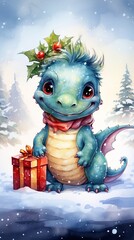 Wall Mural - Cute friendly smiling  Christmas dragon with gifts against the backdrop of a winter landscape in pastel colors, New Year's watercolor illustration, AI generated