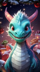 Wall Mural - Cute friendly smiling  Christmas dragon with gifts against the backdrop of a winter landscape in pastel colors, New Year's watercolor illustration, AI generated