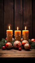 Quintessential Third Advent Setting  Three Alight Candles Amid Red Baubles And Gingerbread On Time-Worn Wooden Panels