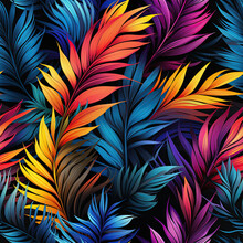 Seamless Pattern Tropical Texture With Colorful Palm Leaves. Bright Rainbow Hawaiian Ornament For Textiles