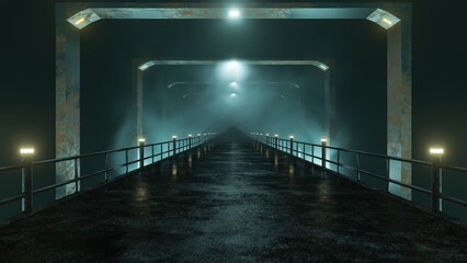 Wall Mural - An Old Bridge With Metal Railings And Concrete Pavement Illuminated By Yellow Light In Smoke For Banners Posters Cards 3D Illustration