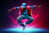 A young emotional guy is a dancer dancing breakdance, hip-hop in action, movement, jumping in neon lighting.