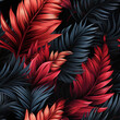 © alexkoral - Seamless tropical texture pattern with red palm leaves on a black background. Hawaiian ornament