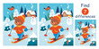Cute teddy bear goes skiing in the snowy winter forest. Find differences, education game for children. Flat vector illustration.