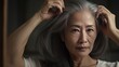 © Zahid - grey-haired Asian woman in her mid-50s is combing her tangled gray hair while looking in the mirror. Alopecia hair loss prevention treatment after menopause advertising concept