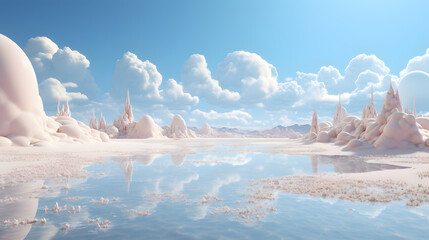 Fantasy pink landscape planet with snowy mountains and sunset. 3D illustration.