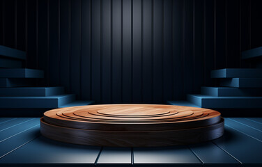 Wall Mural - Wooden podium for product presentation or display in a dark blue room 3D rendering