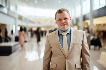 Portrait of an entrepreneur, a successful businessman with Down syndrome engaged in corporate activities