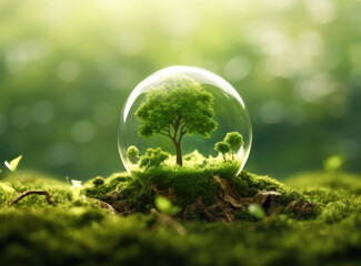 Wall Mural - Tree sprouts in a glass dome on a hill with moss against a leafy, environmental concept