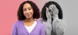 © Prostock-studio - Happy, scared, sad millennial black lady feeling bad, cover face with hands
