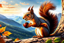 Draw A Picture Of A Squirrel Eating An Acorn In The Mountains. Generative AI