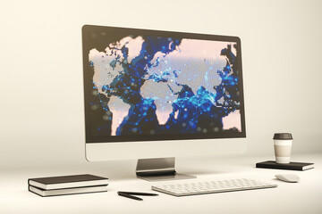 Wall Mural - Modern computer screen with abstract creative digital world map, research and analytics concept. 3D Rendering