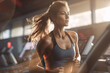 Portrait of young personal trainer, woman working out at gym, running on treadmill and doing fitness exercises. healthy concept sunset light