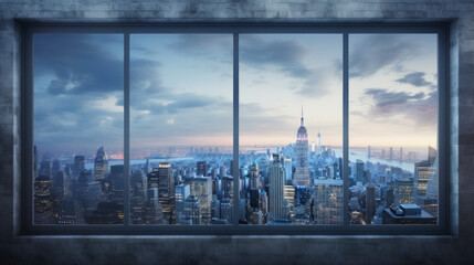  A slate window, with a view of the city skyline