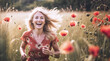 © divgradcurl - primo piano di giovane donna in abito estivo che corre sorridente in un campo con erbe e fiori, luce naturale
