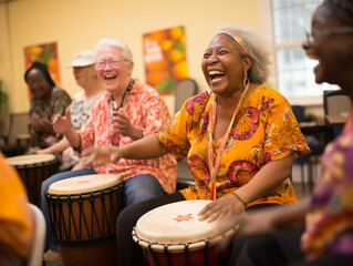 A Photo of Seniors in a Drum Circle, Playing with Passion and Rhythm