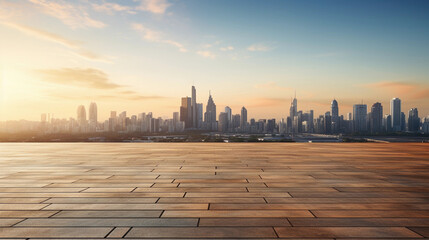 Wall Mural - photo taken of the floor with the skyline at sunrise in the background