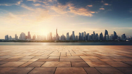 Wall Mural - photo taken of the floor with the skyline at sunrise in the background