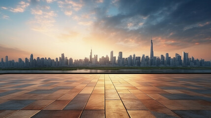 Wall Mural - photo taken of the floor with the skyline at sunrise in the background