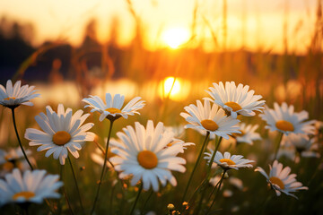 Wall Mural - daisies in the sun landscape sunset