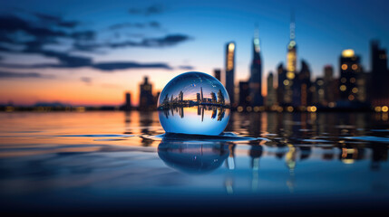 Glass ball with a reflaction of a city during a blue hour