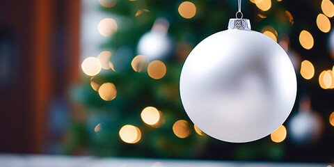 Wall Mural - White christmas ball hanging on christmas tree with bokeh background. Selective Focus