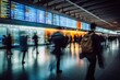 © olga_demina - Dynamic shot of travelers in motion against flight information display in bustling airport terminal