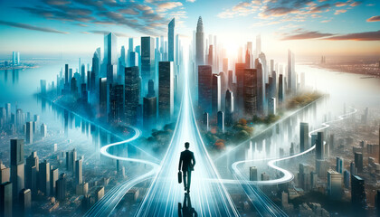 Wall Mural - Businessman walking on the road leading to the city. Generative AI