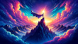 Fantasy landscape with mountains and a flying angel. Vector illustration.
