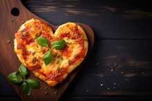 Heart Shaped Pizza On Wooden Background. AI Generated