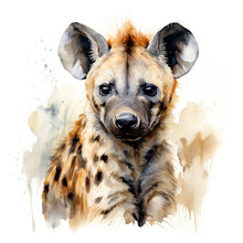 Spotted Hyena Portrait, Isolated On White Background. Digital Watercolour Illustration.