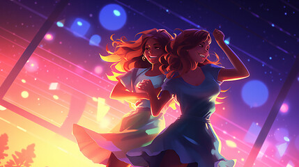 Illustration of a two pretty girls dancing in a disco on a summer night. Generation AI