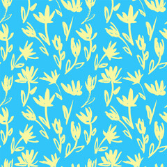 Wall Mural - Dry Brush Flower Seamless Blue and Yellow Pattern