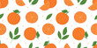 Seamless bright pattern with fresh oranges, leaves and seeds for fabric, drawing labels, wallpaper, fruit background. Slices of oranges background. Tropical seamless pattern