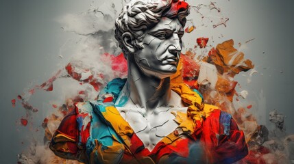 Wall Mural - Bust of a man surrounded by paint colorful splashes