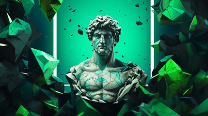 Wall Mural - A digital painting statue of a bust of a man surrounded by green leaves