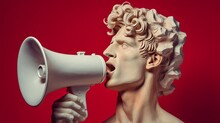 A Statue Of A Man With A Megaphone In His Mouth